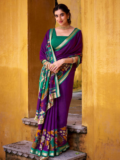 Mesmerizing Purple Chanderi Zari Weaving Saree With Blouse